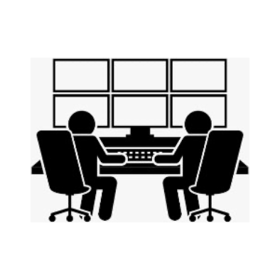 PlayCall — two operators at a multi-monitor console representing the user interface module