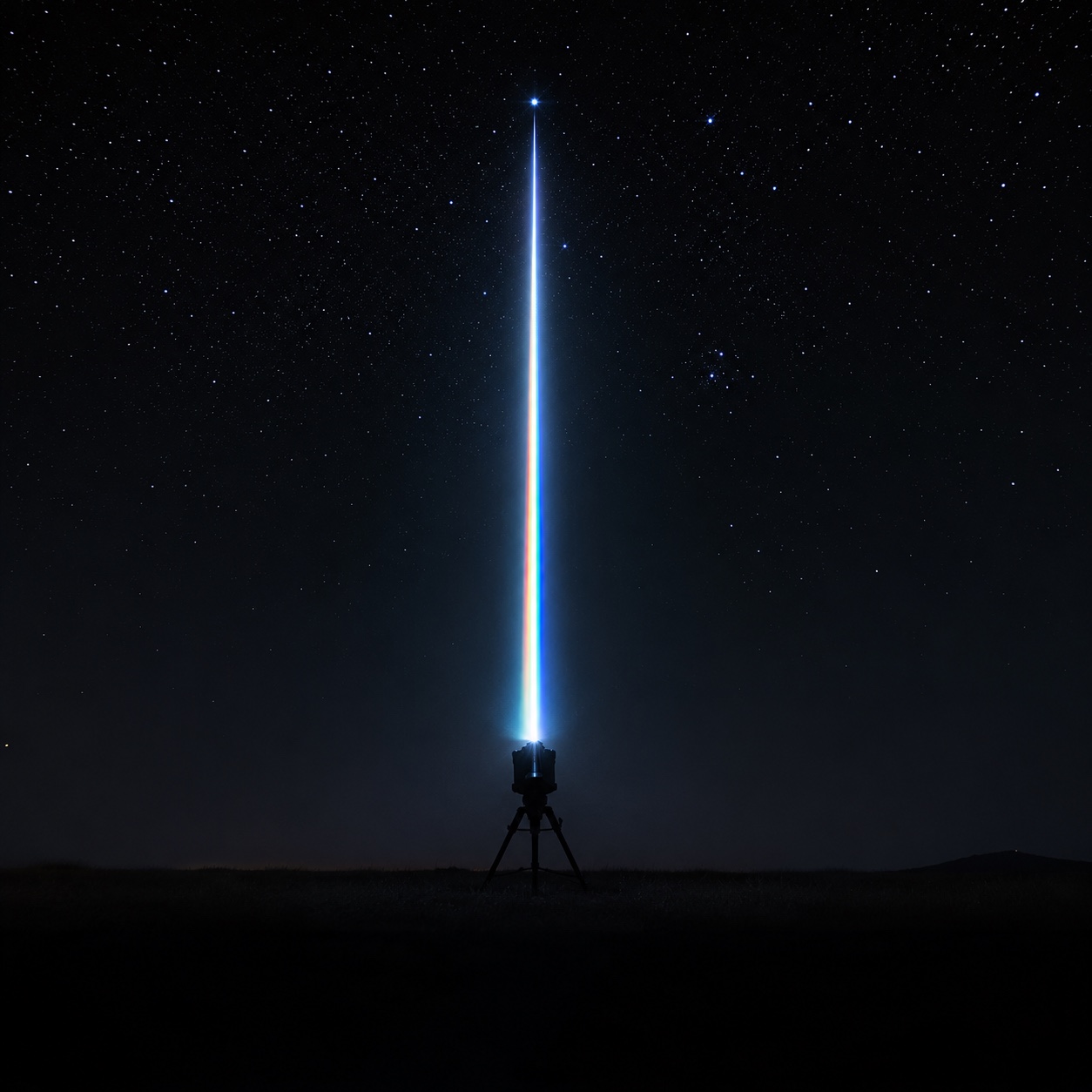 SlotBack — supercontinuum laser beam transmitting into a starlit night sky